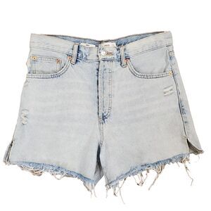 Mango MNG Denim Andy Jean Shorts High Rise Frayed Light Wash 6 Slit Preppy Beach